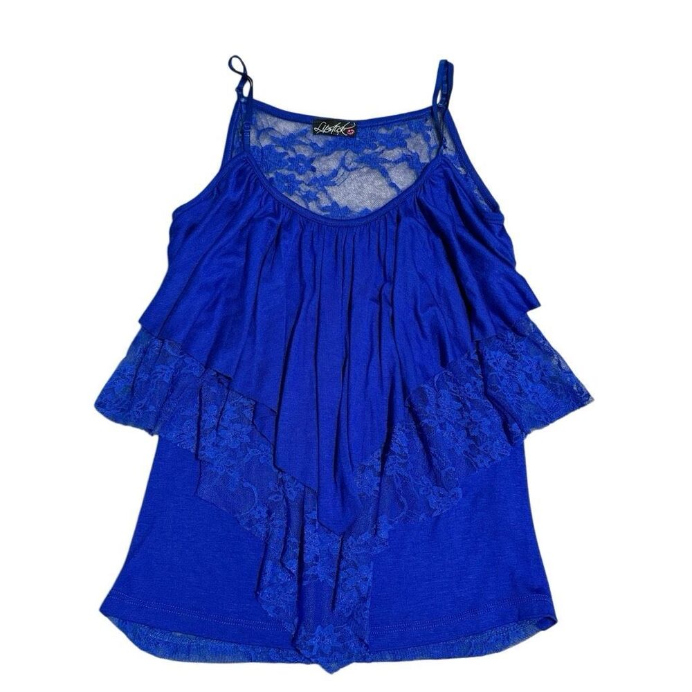 Y2K Lipstick Blue Lace Ruffle Cami Tank Top Made in USA Size Small